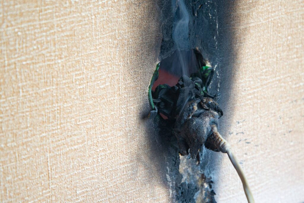 Fire of Electrical Wiring and Faulty Electrical Outlets, Plastic Power Socket Fused and Burned.
